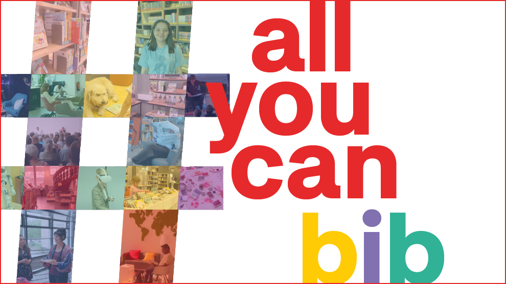 Links im Bildbereich steht ein aus bunt eingefärbten Fotos bestehenden Rautenzeichen. Rechts davon steht der Schriftzug "all you can bib" in rot.