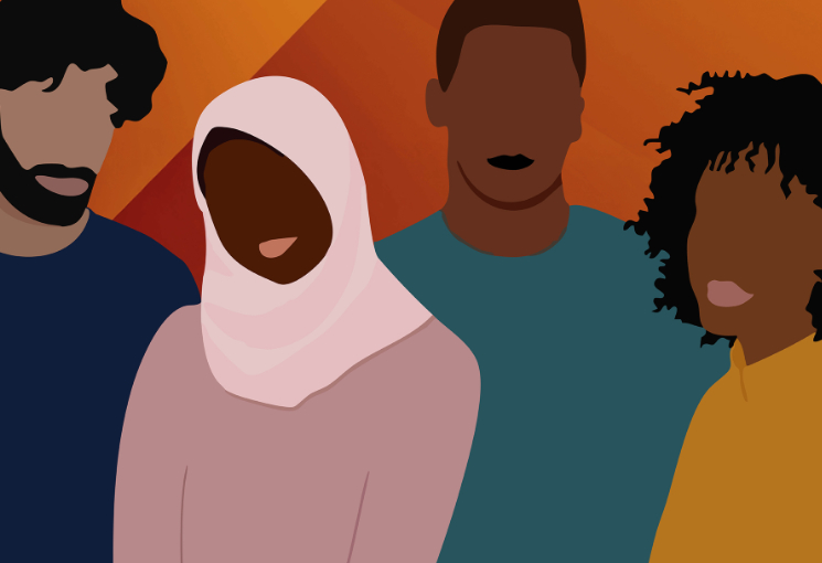 Stilisierte Illustration von vier Menschen mit unterschiedlichen Hautfarben und Frisuren, die nebeneinander stehen und Vielfalt sowie Gemeinschaft symbolisieren., © Doreen Asenso / Stadt Köln