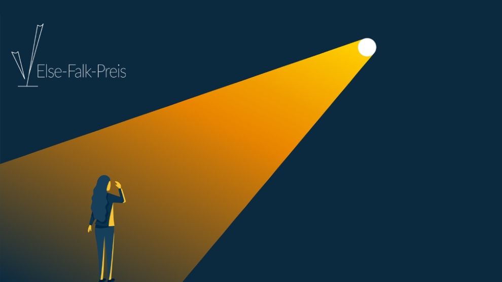 Zeichnung einer Frau die in eine Lichtquelle schaut. Die Frau wird von hinten gezeigt. Ihre rechte Hand hebt sie in die Höhe. Der Hintergrund ist dunkelblau. In der linken oberen Ecke ist das Logo mit Schriftzug "Else-Falk-Preis" in weiß platziert.