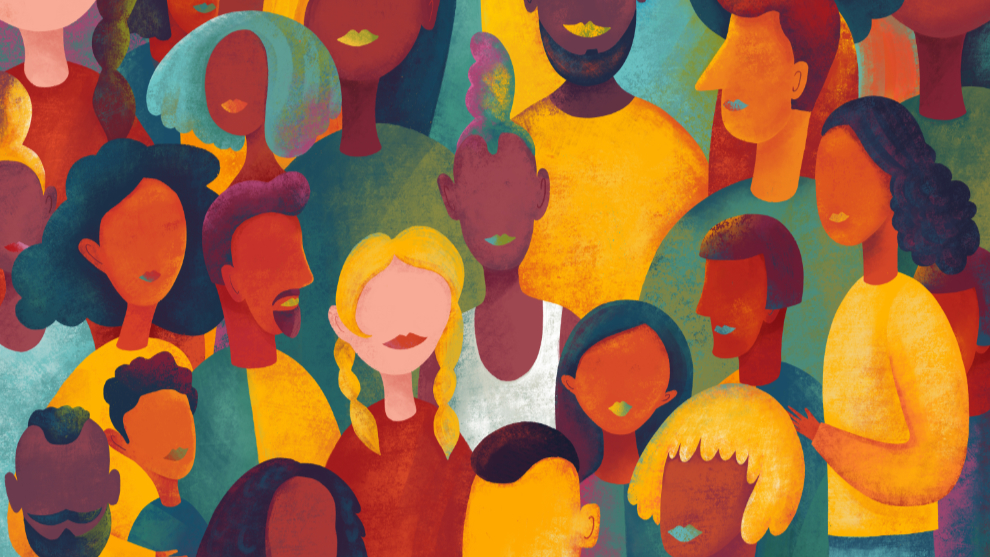 Bunte, abstrakte Illustration einer vielfältigen Gruppe von Menschen. Die Figuren sind in kräftigen Farben wie Orange, Gelb, Rot, Blau und Grün gehalten. Viele Gesichter sind vereinfacht dargestellt, manche ohne Augen oder Nase, nur mit Lippen in verschiedenen Farben. Die Gruppe vermittelt Vielfalt und Gemeinschaft.