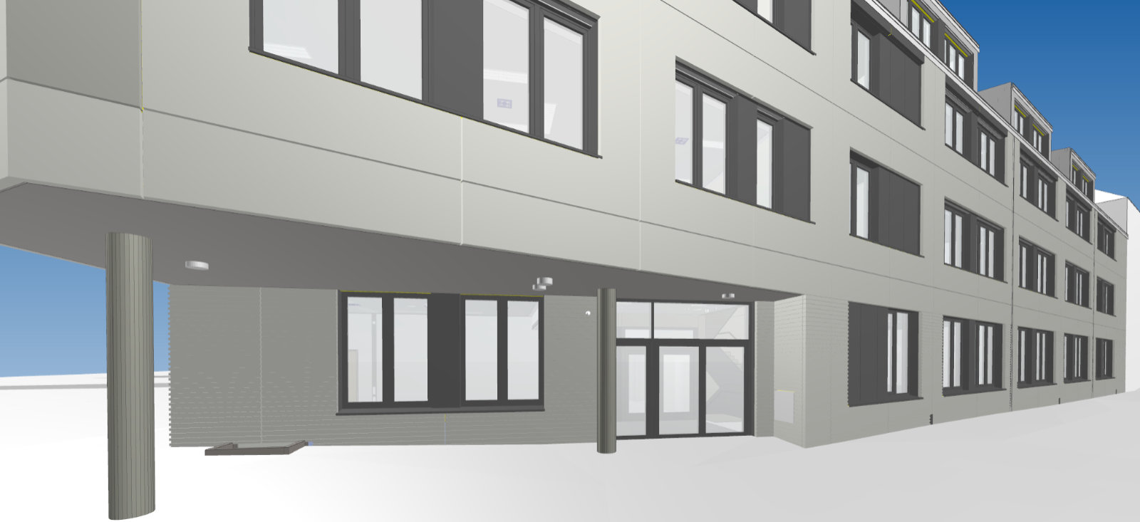 Dreidimensionale Darstellung des Erweiterungsbaus für die Königin-Luise-Schule in der Palmstraße von der Alten Wallgasse aus betrachtet