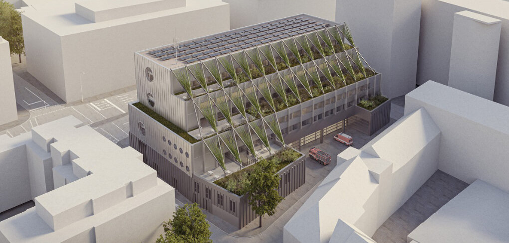 Visualisierung der Feuerwache 1, Außenansicht Rückseite mit begrünter Fassade