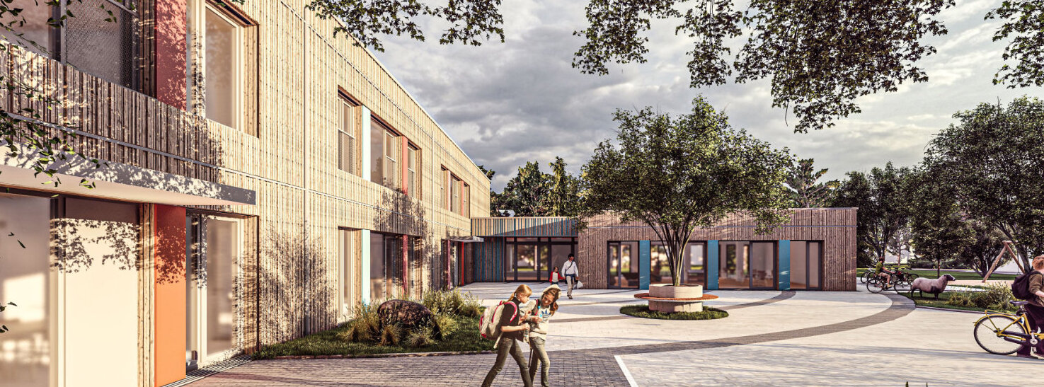 Entwurfszeichnung für den Erweiterungsneubau mit Holzfassade aus heimischer Lärche umgeben von Bäumen und Beeten, Erwachsenen und Kindern auf dem Vorplatz