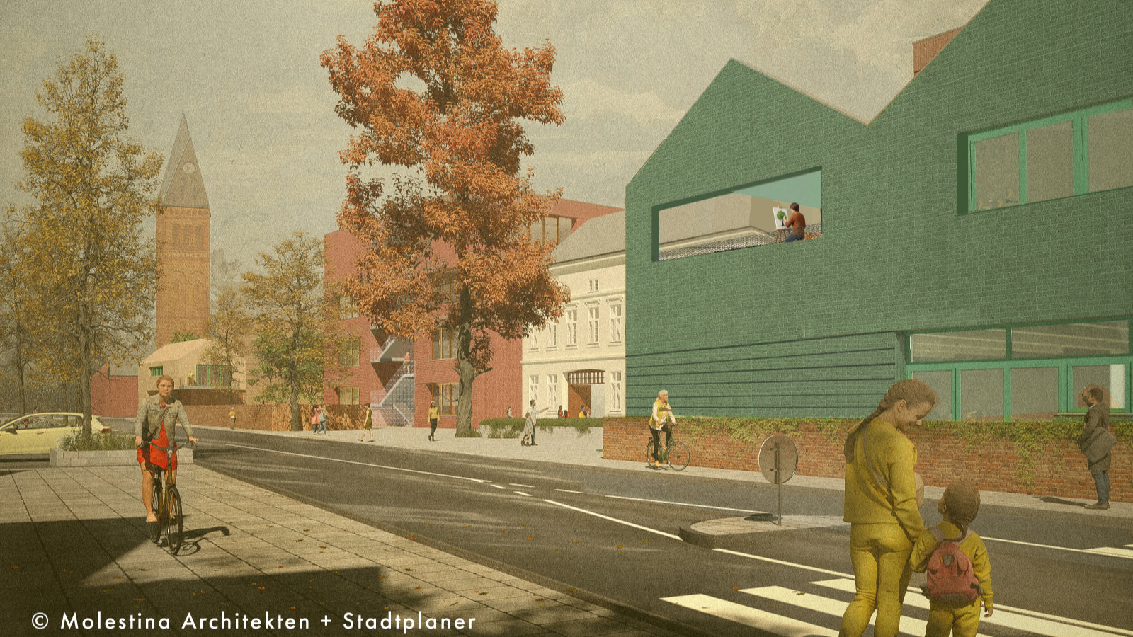 Visualisierung der zwei neuer Schulhäuser links und rechts neben dem historischen Herrenhaus mit bepflanztem Schulvorplatz als Eingangsbereich