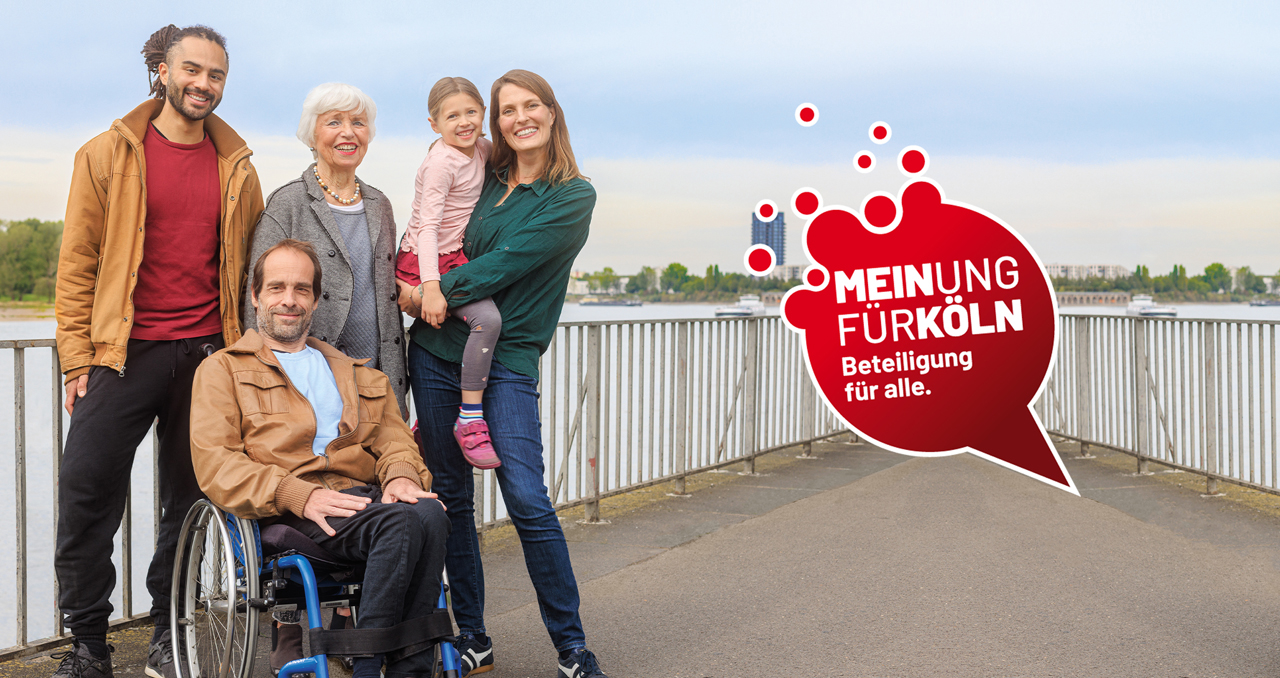 Eine diverse Gruppe von Menschen repräsentiert die Kölner Bevölkerung, daneben eine rote Fläche mit Schriftzug "Meinung für Köln, Beteiligung für alle"