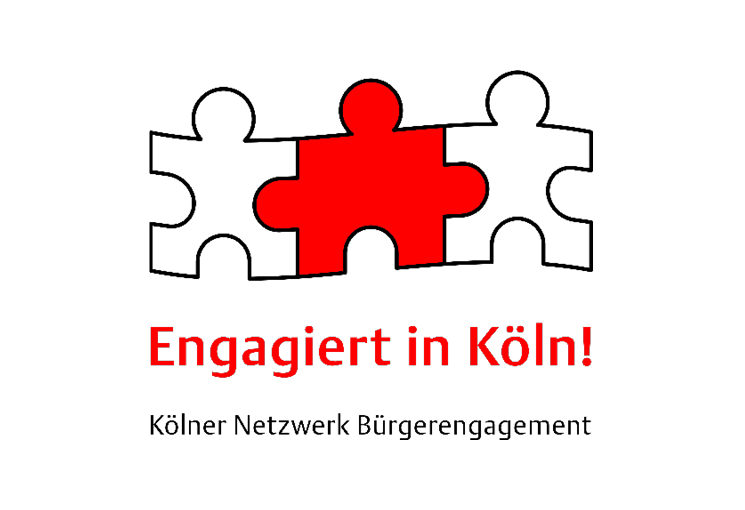 Drei Puzzleteile, links und rechts in weiß, in der Mitte ein rotes, darunter Text "Engagiert in Köln - Kölner Netzwerk Bürgerengagement", © Stadt Köln