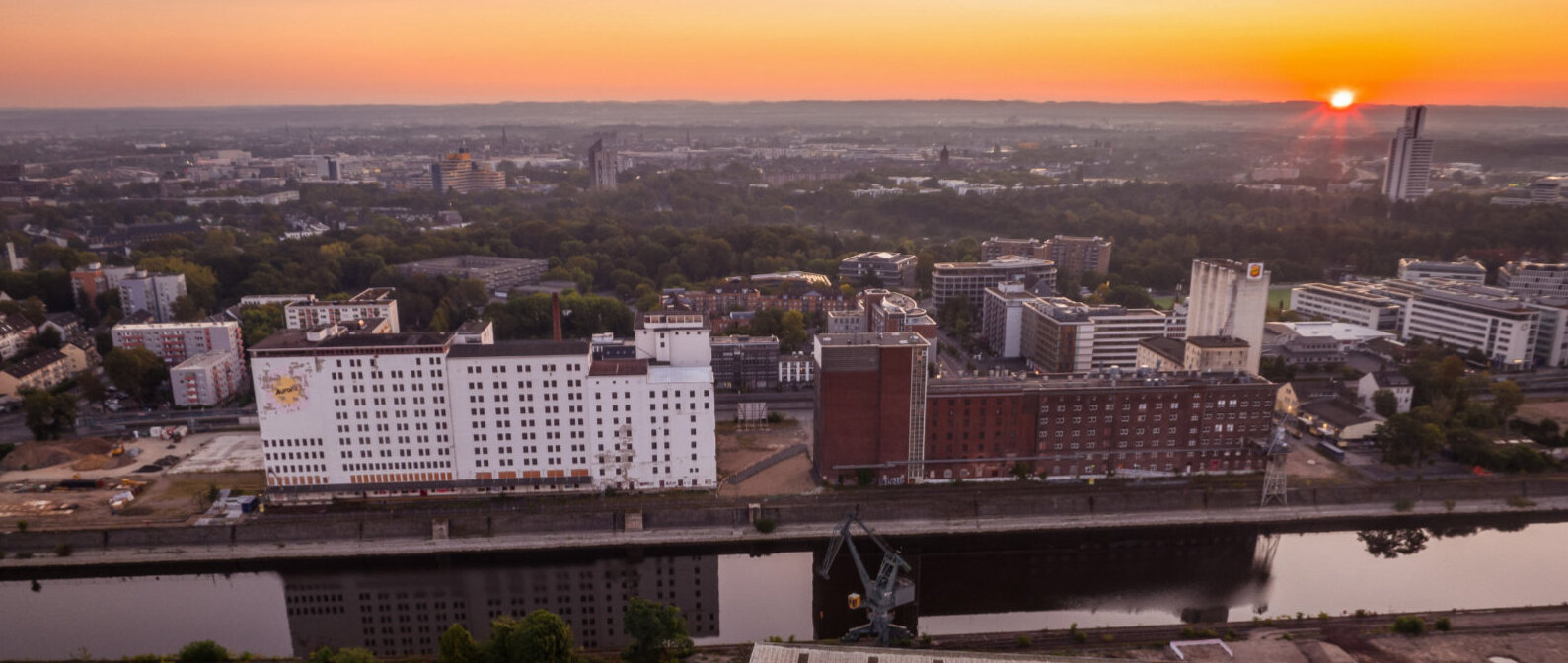 Ansicht aus der Vogelperspektive der Gebäude Aurora Mehlmühle und Essigfabrik 