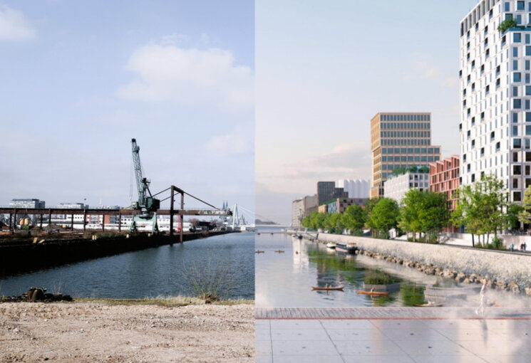 Collage aus Bildern des Deutzer Hafens im Ist-Zustand und einer Visualisierung, © Urban Media Project / COBE, Kope
