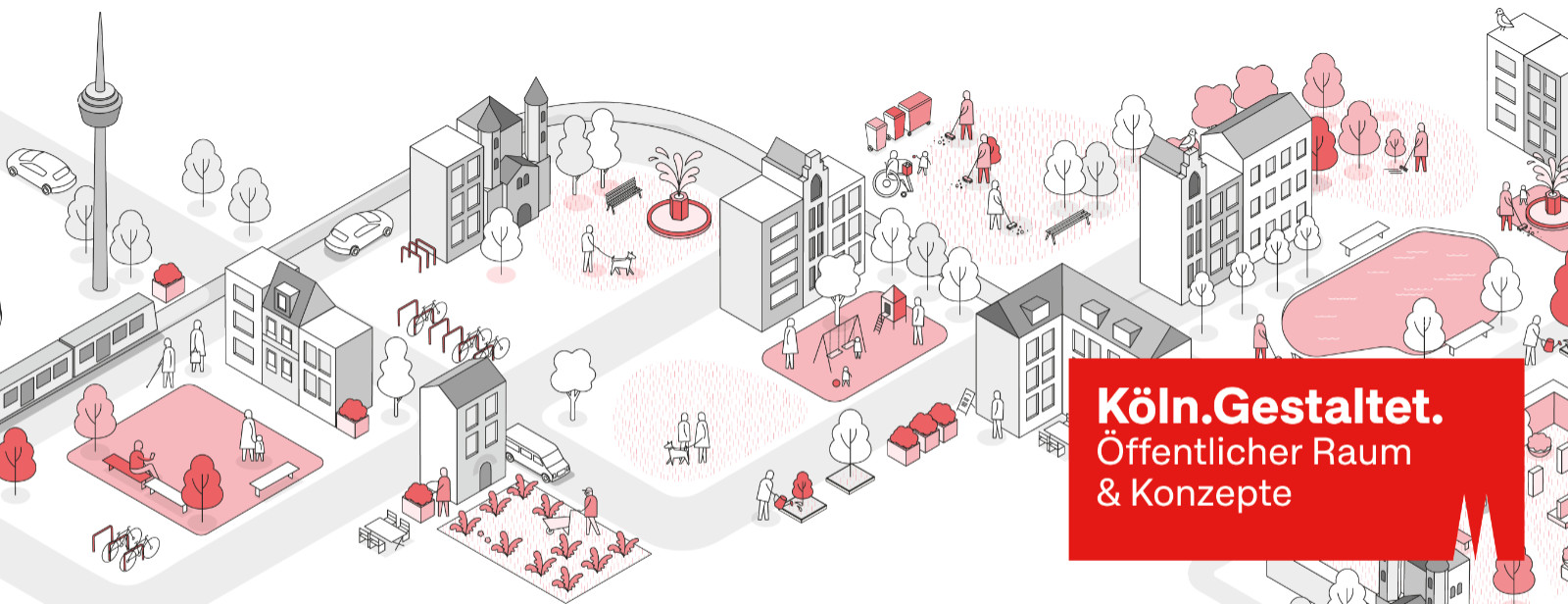 Piktogramm mit Häusern und Menschen im Kölner Wohn- und Freizeitzonen