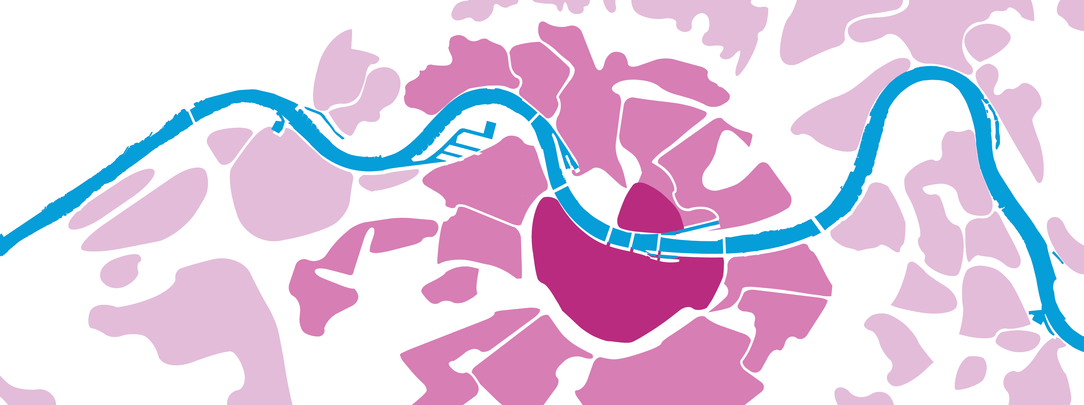 Die Grafik zeigt die angeschnittene Fläche der Stadt Köln von oben. Farblich abgesetzt sind die unterschiedlichen Bebauungsdichten erkennbar: Innenstadt, innere Stadt und äußere Stadt