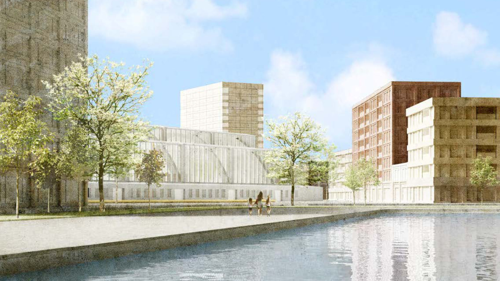 Ein großes Wasserbecken im Vordergrund mit Bäumen und modernen Bürogebäuden im Hintergrund. In der Mitte ist eine gläserne Markthalle zu erkennen, davor laufen 3 Personen. Das Bild ist eine körnige Visualisierung.