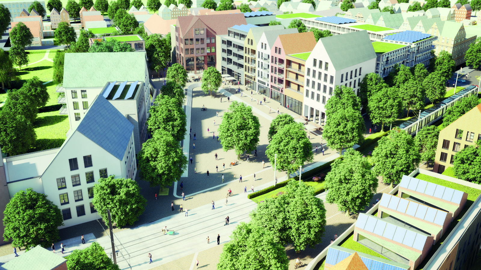 Ein Marktplatz aus der Vogelperspektive mit Menschen, einer Bahnlinie und großen grünen Bäumen. Im Hintergrund sind ein Park und Reihenhäuser zu erkennen. Das Bild ist eine leicht schraffierte Visualisierung.