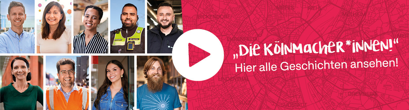 Banner mit allen Protagonist*innen (Portraiaufnahmen) der Mach Köln Videos und dem Schriftzug "Die Kölnmacher*innen! Hier alle Geschichten ansehen!" auf pinkem Hintergrund mit Auszug aus dem Kölner Stadtplan und einem Playbutton in der Mitte