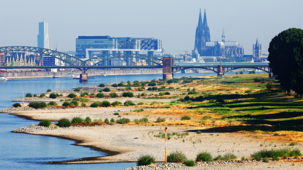 Skyline Köln mit dem Rhein bei Trockenheit im Vordergrund