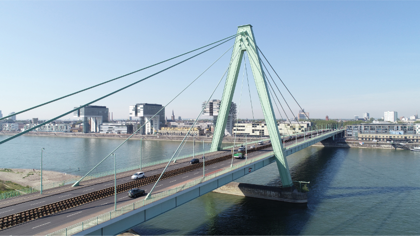 Severinsbrücke mit Blick zum Rheinauhafen