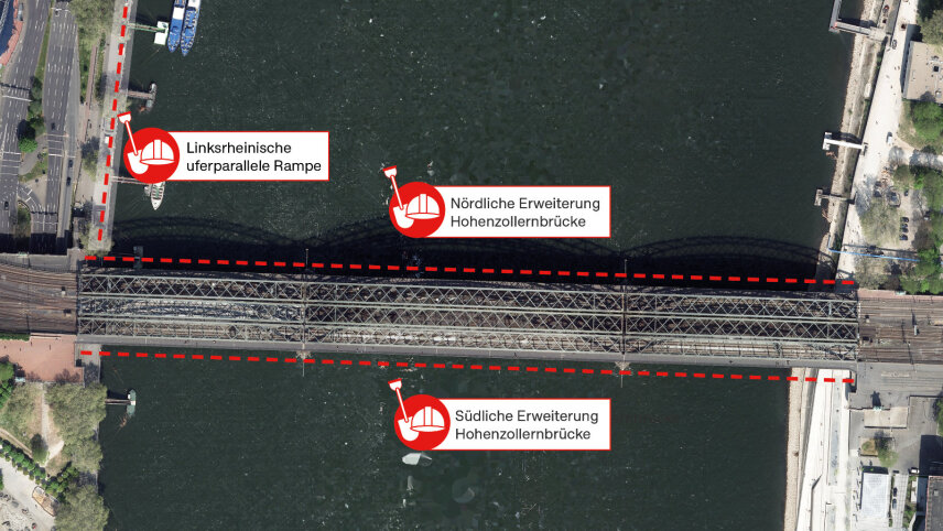 Zu sehen ist eine Luftaufnahme der Hohenzollernbrücke von oben. In dieser sind die verschiedenen Maßnahmen in rot eingezeichnet. Auf der linken Rheinseite ist der Abschnitt markiert, in dem die linksrheinische uferparallele Rampe geplant wird. Jeweils nördlich beziehungsweise südlich der Brücke sind die nördliche beziehungsweise südliche Erweiterung der Hohenzollernbrücke eingezeichnet.